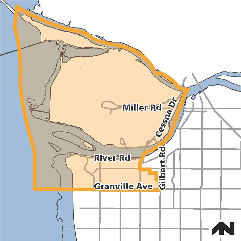Graphical map showing the boundaries of the Gilmore / Shellmont neighbourhoods in Richmond.