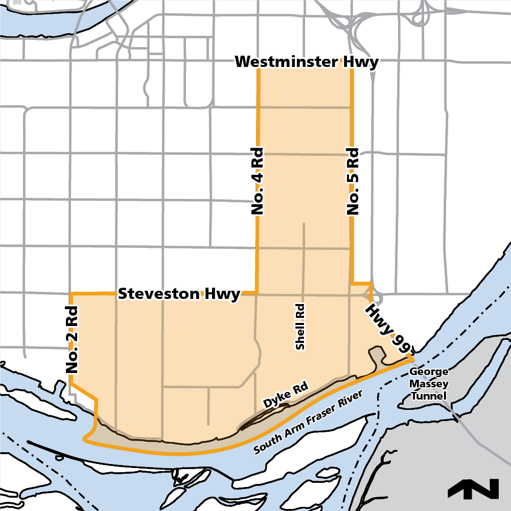 Graphical map showing the boundaries of the Gilmore / Shellmont neighbourhoods in Richmond.