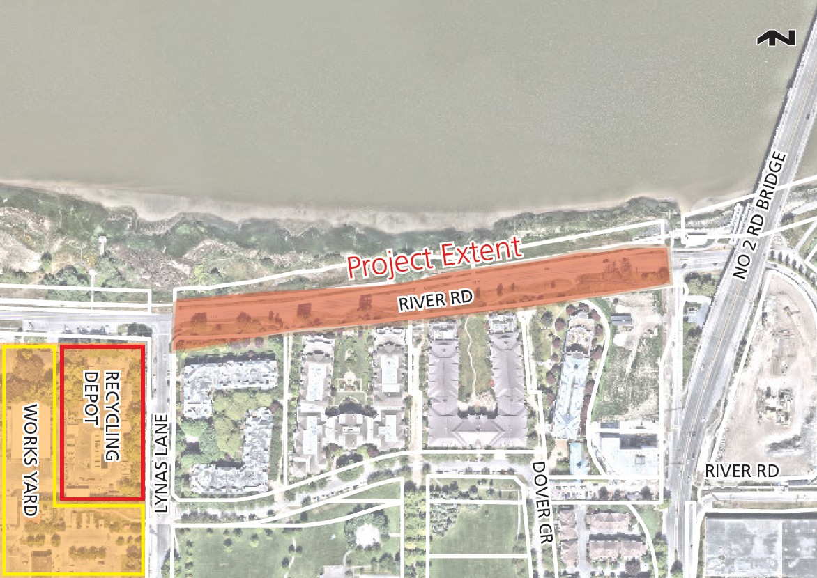Map showing the area of upcoming dike upgrades in Richmond. A shaded zone highlights the section of the dike between Lynas Lane and No. 2 Road