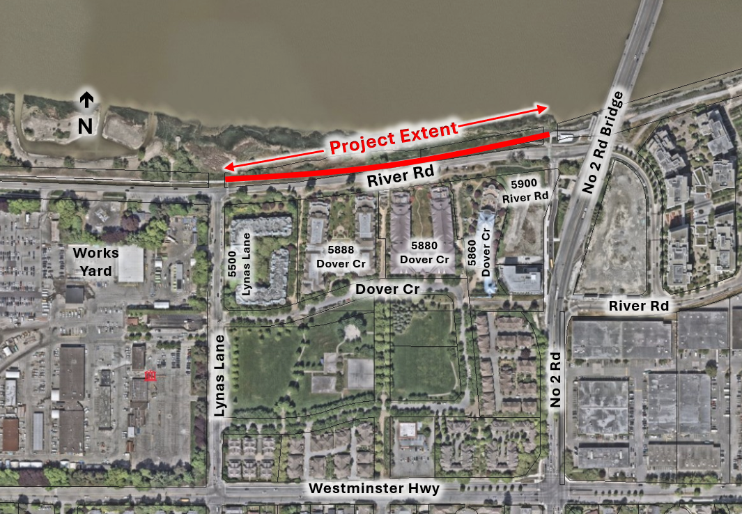 Map showing the area of upcoming dike upgrades in Richmond. A shaded zone highlights the section of the dike between Lynas Lane and No. 2 Road